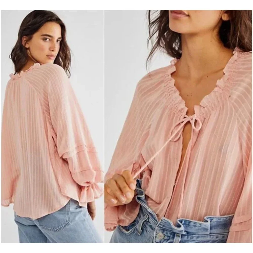 Free People Out Of Town Boho Peasant Swing Top Women L Pink Peasant Prairie - Picture 11 of 11